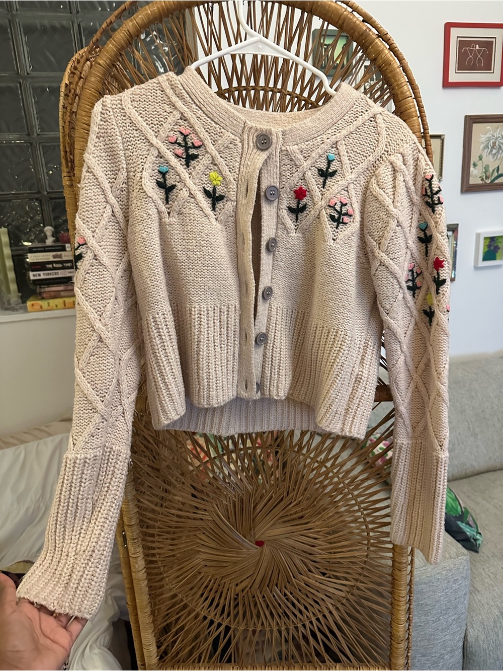 Kimchi Blue Cream Cropped Knit Cardigan with Floral Embroidery